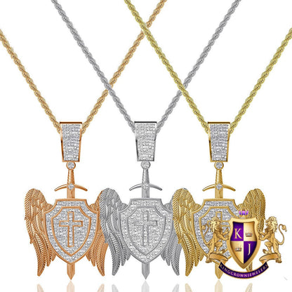 Real Genuine Diamond 0.61 Cwt. 20+ Grams Saint Michael Archangel Cross Shield Sword Wings Charm 10K Solid Gold Over Pendent Chain Set 2''