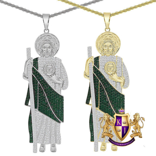 26+ Grams Big 3.70'' Real Sterling Silver 2.50 Cwt. Simulated Diamond 14K Gold On Saint Jude San Judas Religious Jesus Pendant Charm + Chain