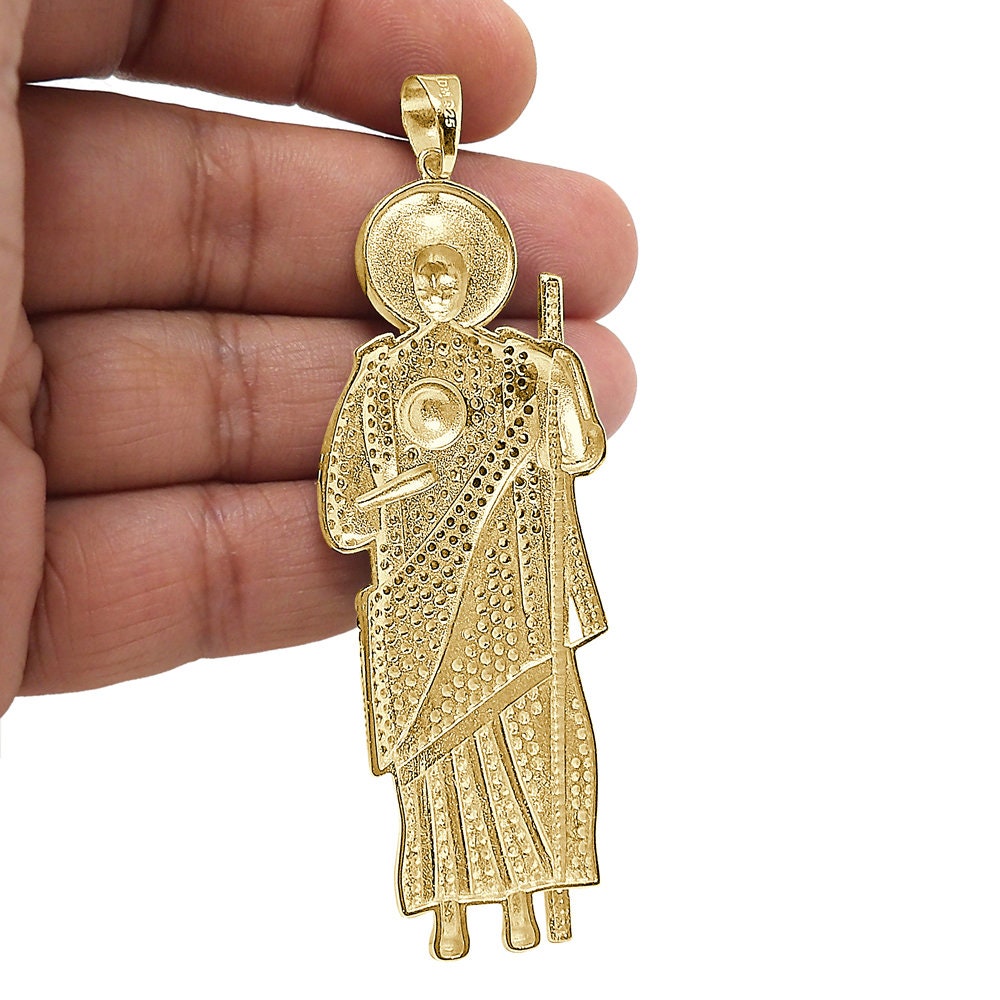 26+ Grams Big 3.70'' Real Sterling Silver 2.50 Cwt. Simulated Diamond 14K Gold On Saint Jude San Judas Religious Jesus Pendant Charm + Chain