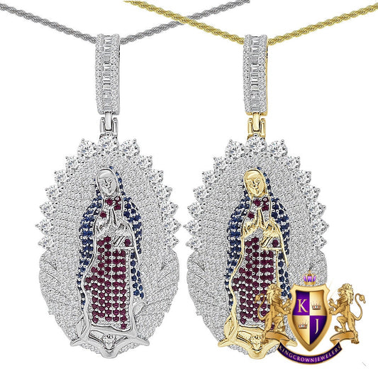 Real Genuine Sterling Silver 24+ Grams Multi Tone 2.65 Cwt. Simulated Diamond Mother Mary Lady of Guadalupe Jesus Charm Pendant + Free Chain