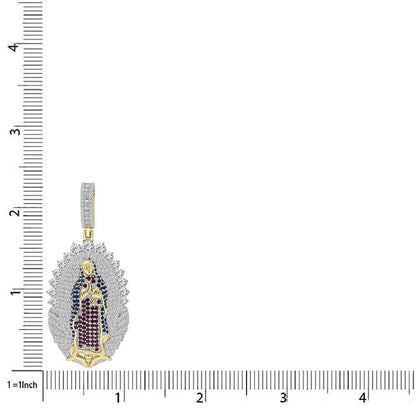 Real Genuine Sterling Silver 24+ Grams Multi Tone 2.65 Cwt. Simulated Diamond Mother Mary Lady of Guadalupe Jesus Charm Pendant + Free Chain