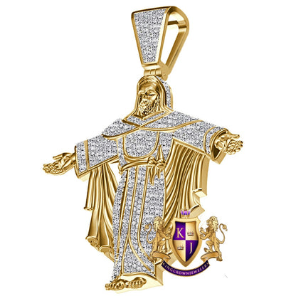 Real Genuine Authentic Diamond 0.65 Cwt. 18+ Grams Christ Redeemer Statue Jesus Full Body Pendant 10K Gold Over Cross Charm Chain Set 2.25''