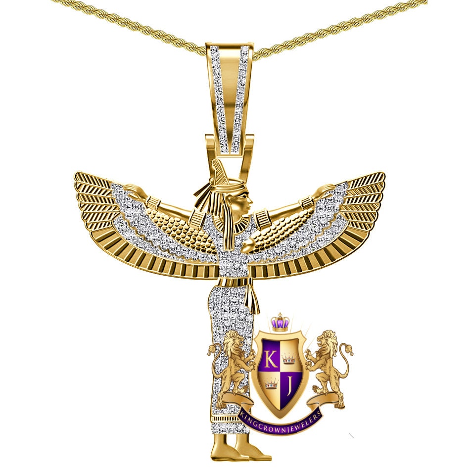 Real Genuine Authentic Diamond 0.65 Ct. 22+ Grams Egyptian Horus Sky Goddess God Isis Osiris Pendant 10K Gold On Pharaoh Charm +Chain 2.25''