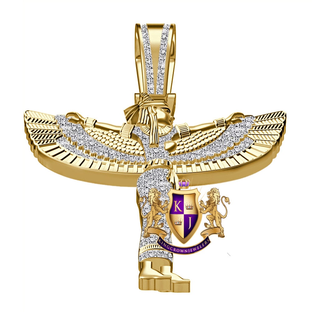 Real Genuine Authentic Diamond 0.65 Ct. 22+ Grams Egyptian Horus Sky Goddess God Isis Osiris Pendant 10K Gold On Pharaoh Charm +Chain 2.25''