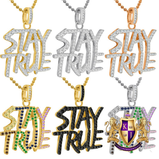 Real Genuine Italian Sterling Silver 18+ Grams 14K Gold Over 2.00 Cwt. Simulated Diamond "Stay True" Unisex Charm Pendant Chain Neckless Set