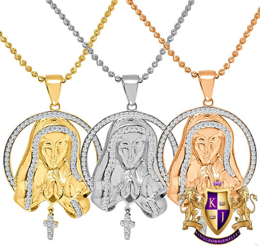Real Genuine Sterling Silver 14K Gold Over Simulated Diamond Our Lady of Guadalupe Mother Mary Unisex Pendant Cross Charm Chain Neckless Set