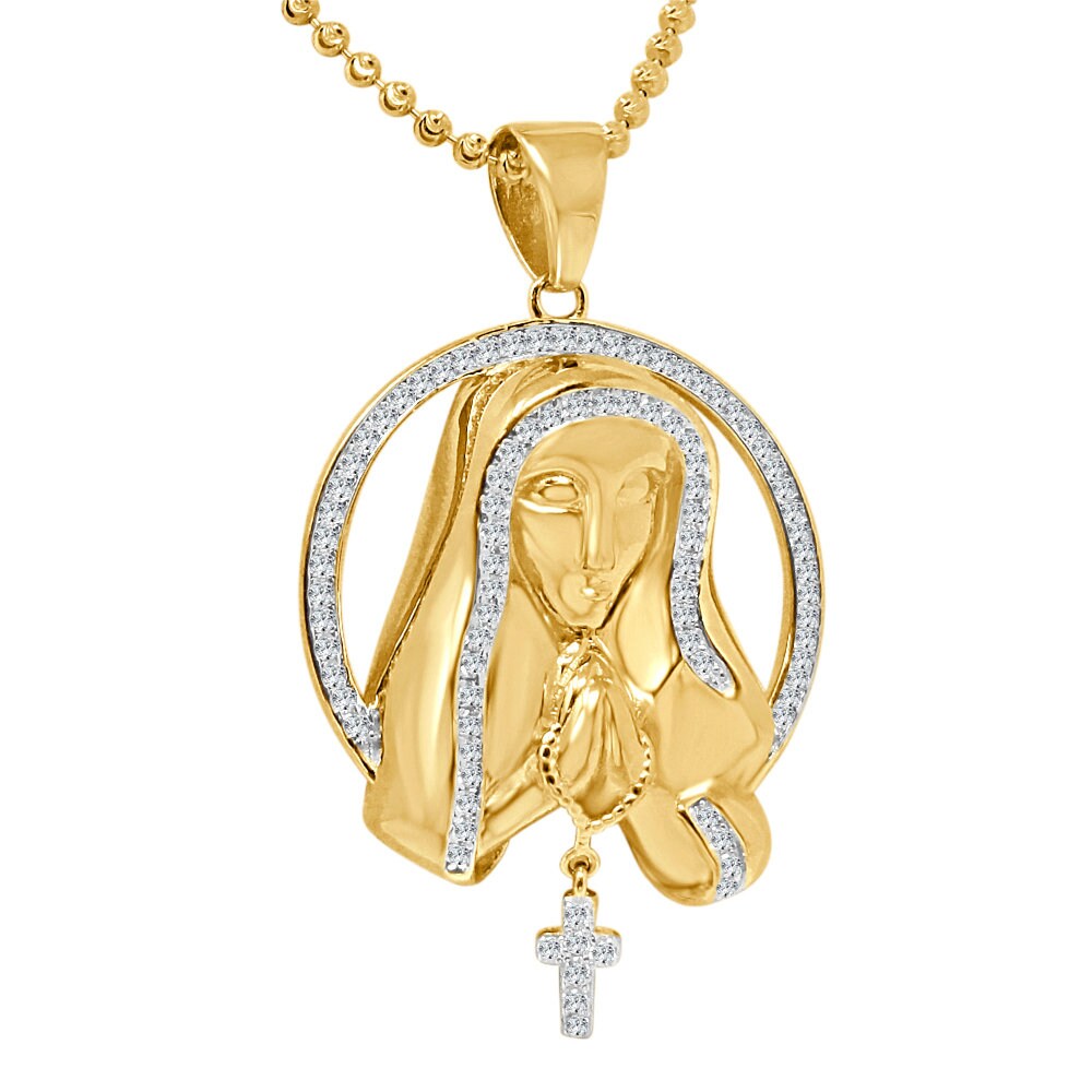 Real Genuine Sterling Silver 14K Gold Over Simulated Diamond Our Lady of Guadalupe Mother Mary Unisex Pendant Cross Charm Chain Neckless Set