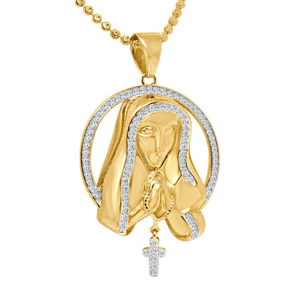 Real Genuine Sterling Silver 14K Gold Over Simulated Diamond Our Lady of Guadalupe Mother Mary Unisex Pendant Cross Charm Chain Neckless Set