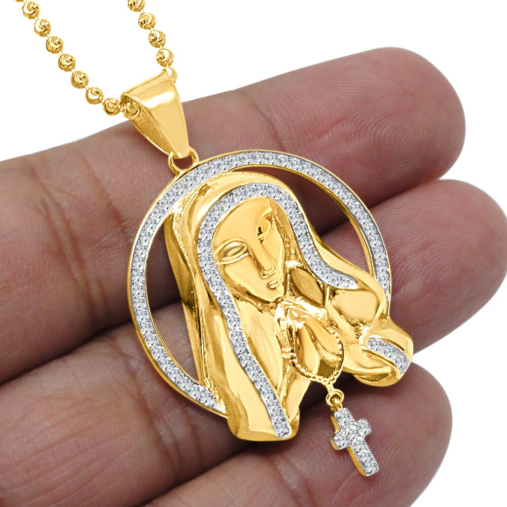 Real Genuine Sterling Silver 14K Gold Over Simulated Diamond Our Lady of Guadalupe Mother Mary Unisex Pendant Cross Charm Chain Neckless Set