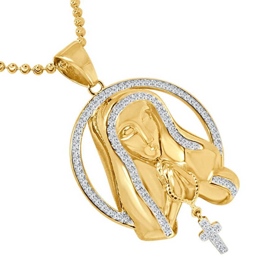 Real Genuine Sterling Silver 14K Gold Over Simulated Diamond Our Lady of Guadalupe Mother Mary Unisex Pendant Cross Charm Chain Neckless Set