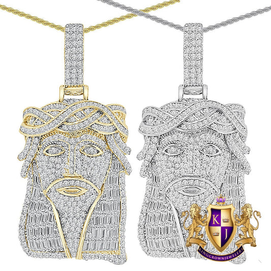 25+ Grams Real Genuine Sterling Silver Baguette/Round Cut 3.00 Cwt. Simulated Diamond 14K Gold Finish Jesus Face Pendant Charm +Free Chain
