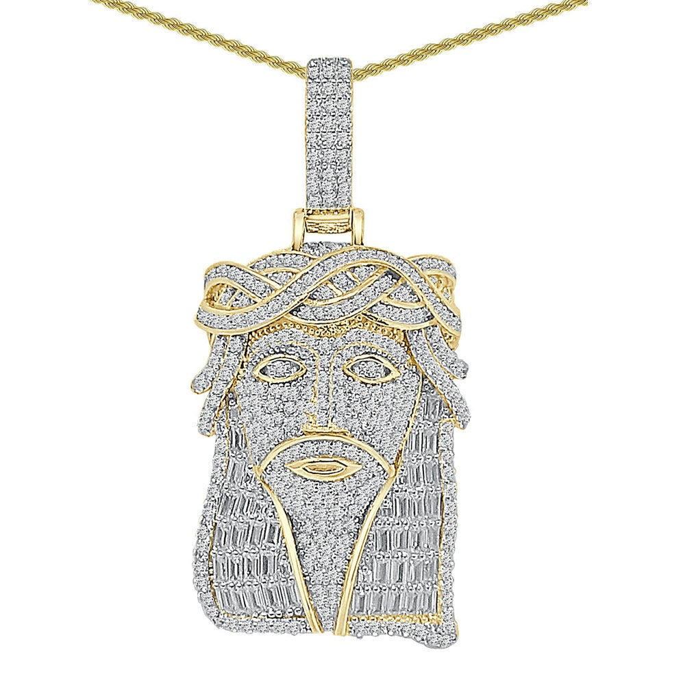 25+ Grams Real Genuine Sterling Silver Baguette/Round Cut 3.00 Cwt. Simulated Diamond 14K Gold Finish Jesus Face Pendant Charm +Free Chain