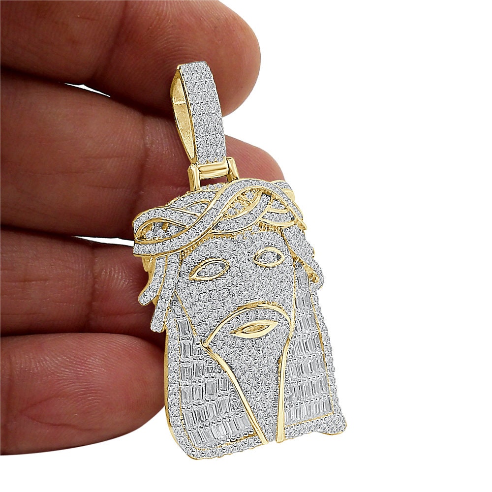 25+ Grams Real Genuine Sterling Silver Baguette/Round Cut 3.00 Cwt. Simulated Diamond 14K Gold Finish Jesus Face Pendant Charm +Free Chain