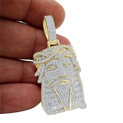 25+ Grams Real Genuine Sterling Silver Baguette/Round Cut 3.00 Cwt. Simulated Diamond 14K Gold Finish Jesus Face Pendant Charm +Free Chain