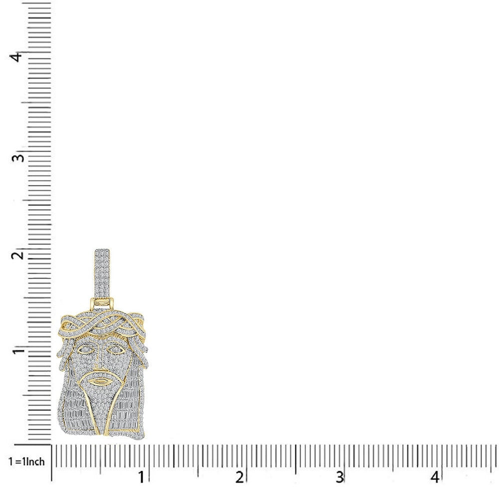 25+ Grams Real Genuine Sterling Silver Baguette/Round Cut 3.00 Cwt. Simulated Diamond 14K Gold Finish Jesus Face Pendant Charm +Free Chain