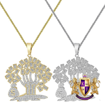 Sterling Silver 1.25 Cwt. Baguette/Round Cut Simulated Diamond 15+ Grams Lucky Dollar Bag Cash 100 Dollar Money Tree Pendant Charm 1.25''
