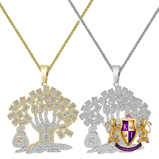 Sterling Silver 1.25 Cwt. Baguette/Round Cut Simulated Diamond 15+ Grams Lucky Dollar Bag Cash 100 Dollar Money Tree Pendant Charm 1.25''