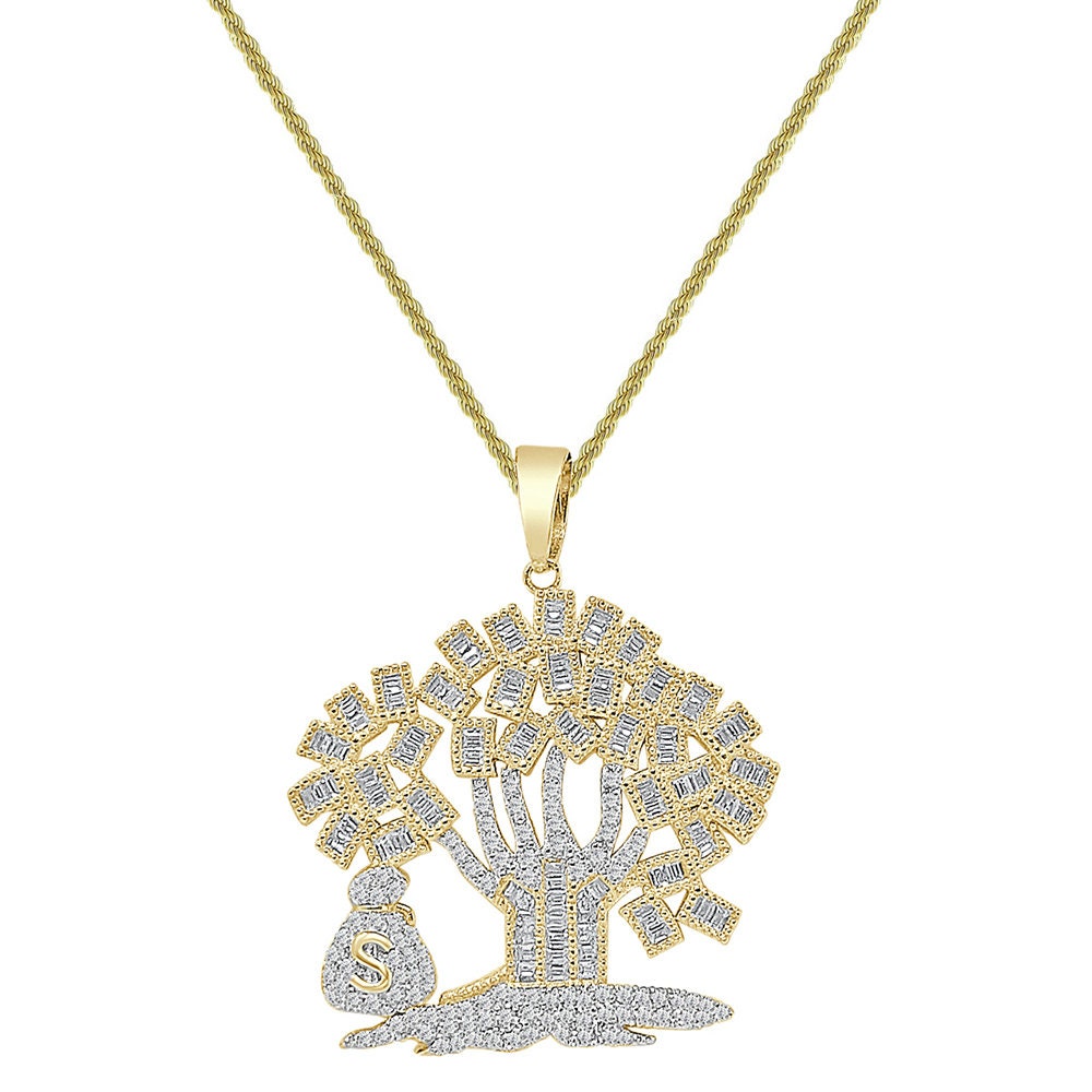 Sterling Silver 1.25 Cwt. Baguette/Round Cut Simulated Diamond 15+ Grams Lucky Dollar Bag Cash 100 Dollar Money Tree Pendant Charm 1.25''