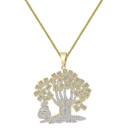 Sterling Silver 1.25 Cwt. Baguette/Round Cut Simulated Diamond 15+ Grams Lucky Dollar Bag Cash 100 Dollar Money Tree Pendant Charm 1.25''
