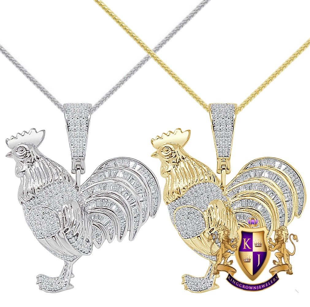 15+ Grams Baguette Real Genuine Sterling Silver 14K Gold Over Simulated Diamond Chicken Rooster Peacock Pendant Charm Chain Set Small 1.50''