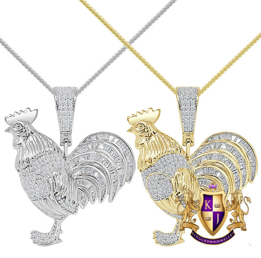 15+ Grams Baguette Real Genuine Sterling Silver 14K Gold Over Simulated Diamond Chicken Rooster Peacock Pendant Charm Chain Set Small 1.50''