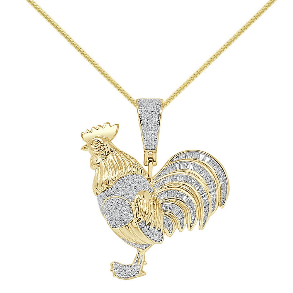 15+ Grams Baguette Real Genuine Sterling Silver 14K Gold Over Simulated Diamond Chicken Rooster Peacock Pendant Charm Chain Set Small 1.50''