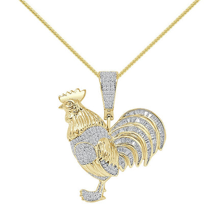 15+ Grams Baguette Real Genuine Sterling Silver 14K Gold Over Simulated Diamond Chicken Rooster Peacock Pendant Charm Chain Set Small 1.50''