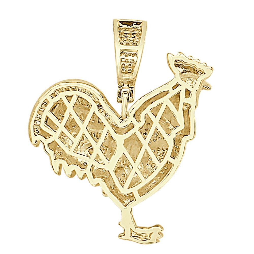 15+ Grams Baguette Real Genuine Sterling Silver 14K Gold Over Simulated Diamond Chicken Rooster Peacock Pendant Charm Chain Set Small 1.50''