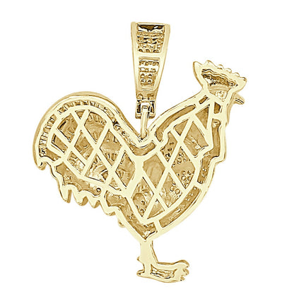 15+ Grams Baguette Real Genuine Sterling Silver 14K Gold Over Simulated Diamond Chicken Rooster Peacock Pendant Charm Chain Set Small 1.50''