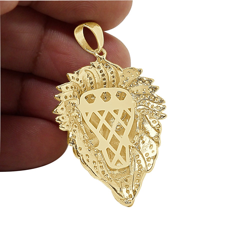 22+ Grams Real Genuine Italian Sterling Silver 1.75 Cwt. Simulated Diamond 14K Gold Finish Lion King Head Pendant Charm +Free Chain Neckless