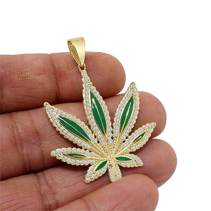 Men's 14+ Grams Real Sterling Silver 1.00 Cwt. Simulated Diamond 14K Gold Finish Weed Marijuana Leaf Plant Custom Pendant Charm Chain Set