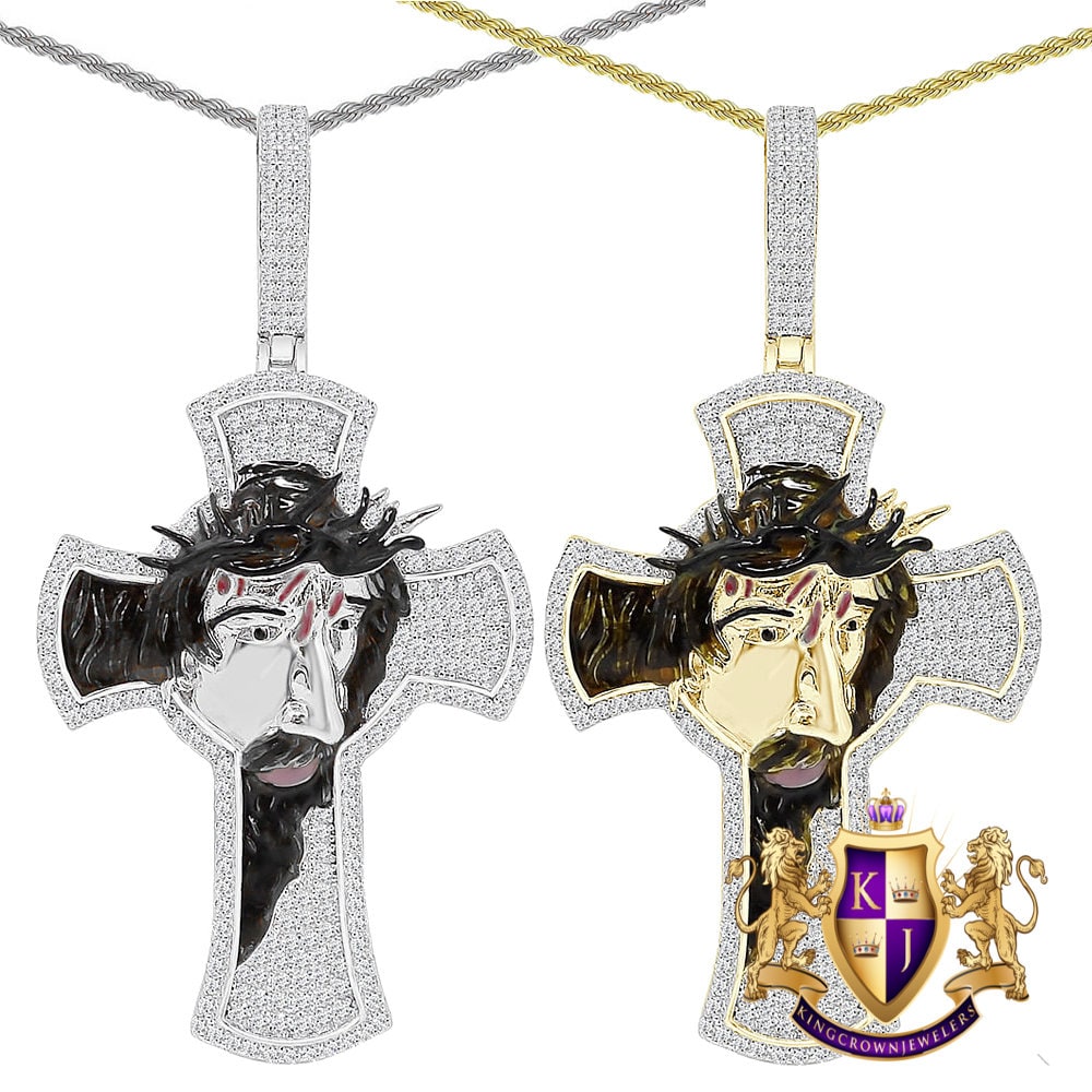 27+ Grams Real Genuine Sterling Silver 2.50 Cwt. Simulated Diamond 14K Gold Finish Jesus Crown of Thorns Cross Pendant Charm + Free Chain