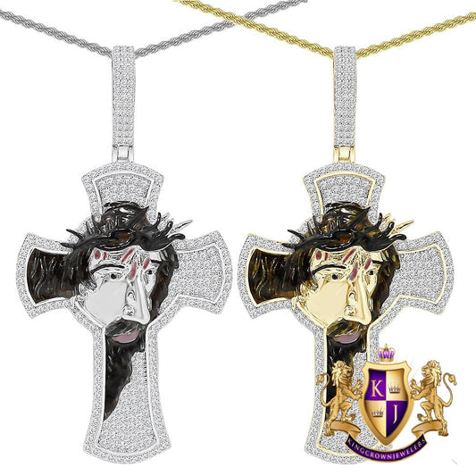 27+ Grams Real Genuine Sterling Silver 2.50 Cwt. Simulated Diamond 14K Gold Finish Jesus Crown of Thorns Cross Pendant Charm + Free Chain
