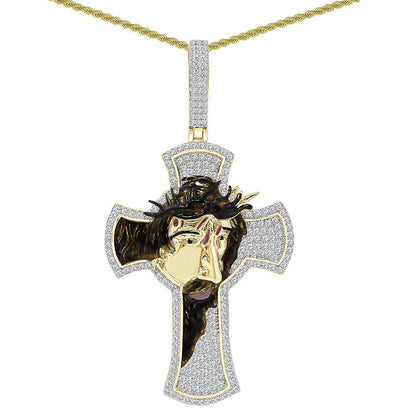 27+ Grams Real Genuine Sterling Silver 2.50 Cwt. Simulated Diamond 14K Gold Finish Jesus Crown of Thorns Cross Pendant Charm + Free Chain