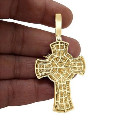 27+ Grams Real Genuine Sterling Silver 2.50 Cwt. Simulated Diamond 14K Gold Finish Jesus Crown of Thorns Cross Pendant Charm + Free Chain