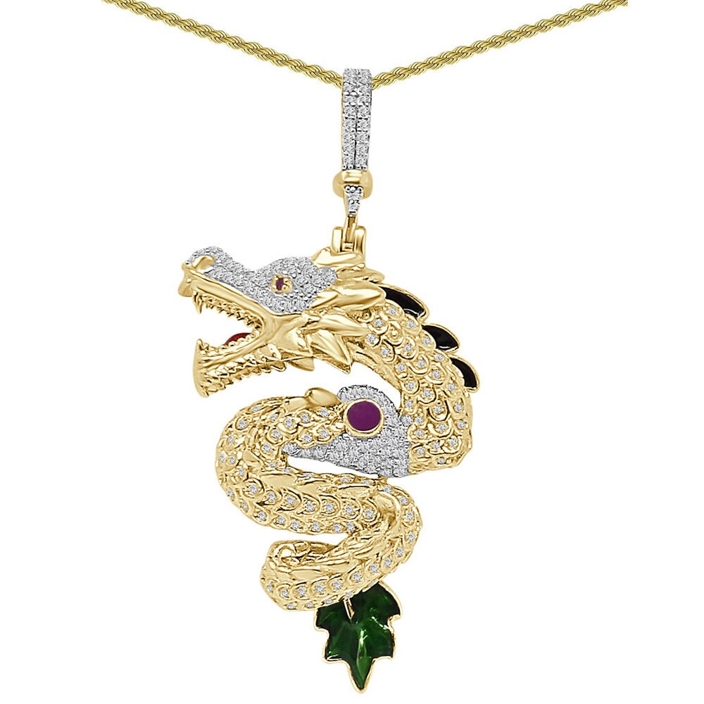 23+ Grams Real Genuine Italian Sterling Silver 1.50 Ct. Simulated Diamond 14K Gold Over 3D Good Luck Dragon Charm Lucky Pendant + Free Chain