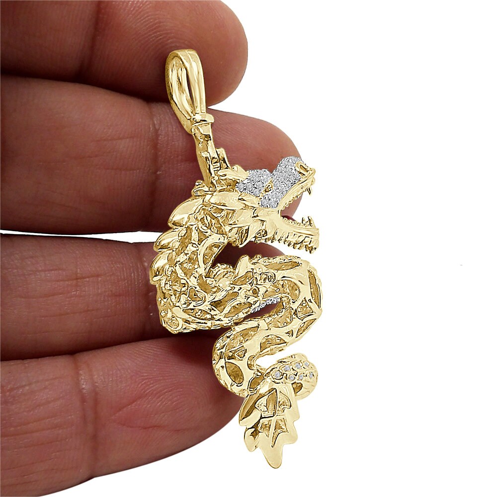 23+ Grams Real Genuine Italian Sterling Silver 1.50 Ct. Simulated Diamond 14K Gold Over 3D Good Luck Dragon Charm Lucky Pendant + Free Chain