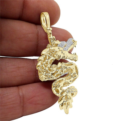 23+ Grams Real Genuine Italian Sterling Silver 1.50 Ct. Simulated Diamond 14K Gold Over 3D Good Luck Dragon Charm Lucky Pendant + Free Chain