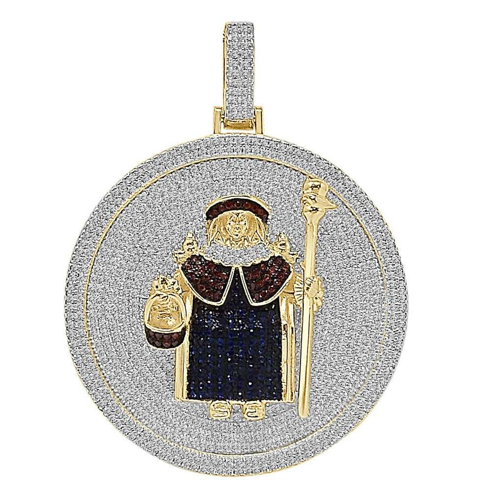 35+ Grams Genuine Sterling Silver Baby Infant Jesus Santo Nino De Atocha Divino Simulated Diamond Pendant 14K Gold On Medallion Charm 2.50''