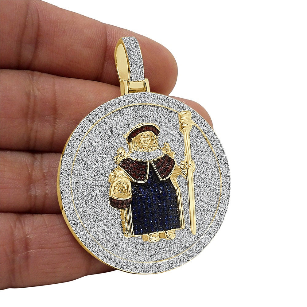 35+ Grams Genuine Sterling Silver Baby Infant Jesus Santo Nino De Atocha Divino Simulated Diamond Pendant 14K Gold On Medallion Charm 2.50''