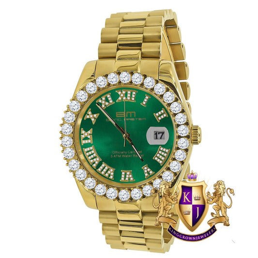 Solid Stainless Steel Roman Numeral Face Emerald Green Dial 18K Yellow Gold Finish Simulated Diamond 5 ATM Water Resistant Watch W/Date 42mm