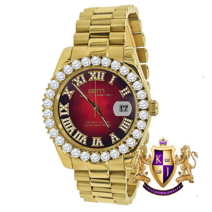 Full Solid Stainless Steel Roman Numeral Face Ruby Red Dial 18K Yellow Gold Finish Simulated Diamond 5 ATM Water Resistant Watch W/Date 42mm