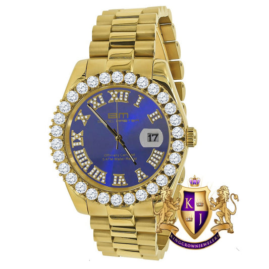 Solid Stainless Steel Roman Numeral Face Blue Sapphire Dial 18K Yellow Gold Finish Simulated Diamond 5 ATM Water Resistant Watch W/Date 42mm