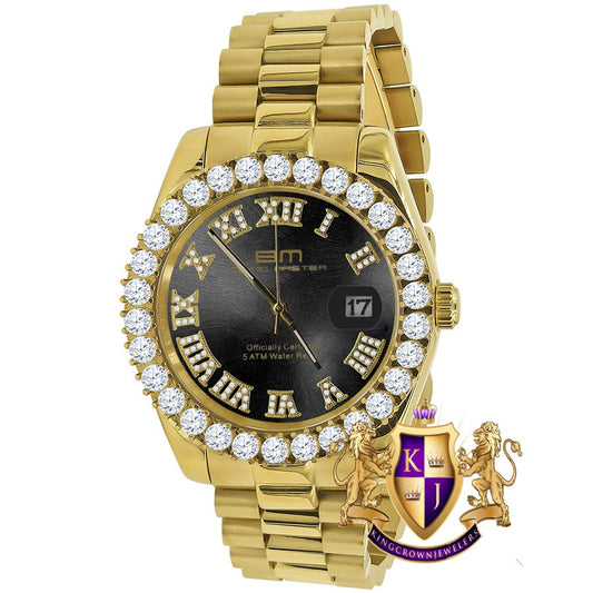 Solid Stainless Steel Roman Numeral Face Onyx Black Dial 18K Yellow Gold Finish Simulated Diamond 5 ATM Water Resistant Watch W/Date 42mm