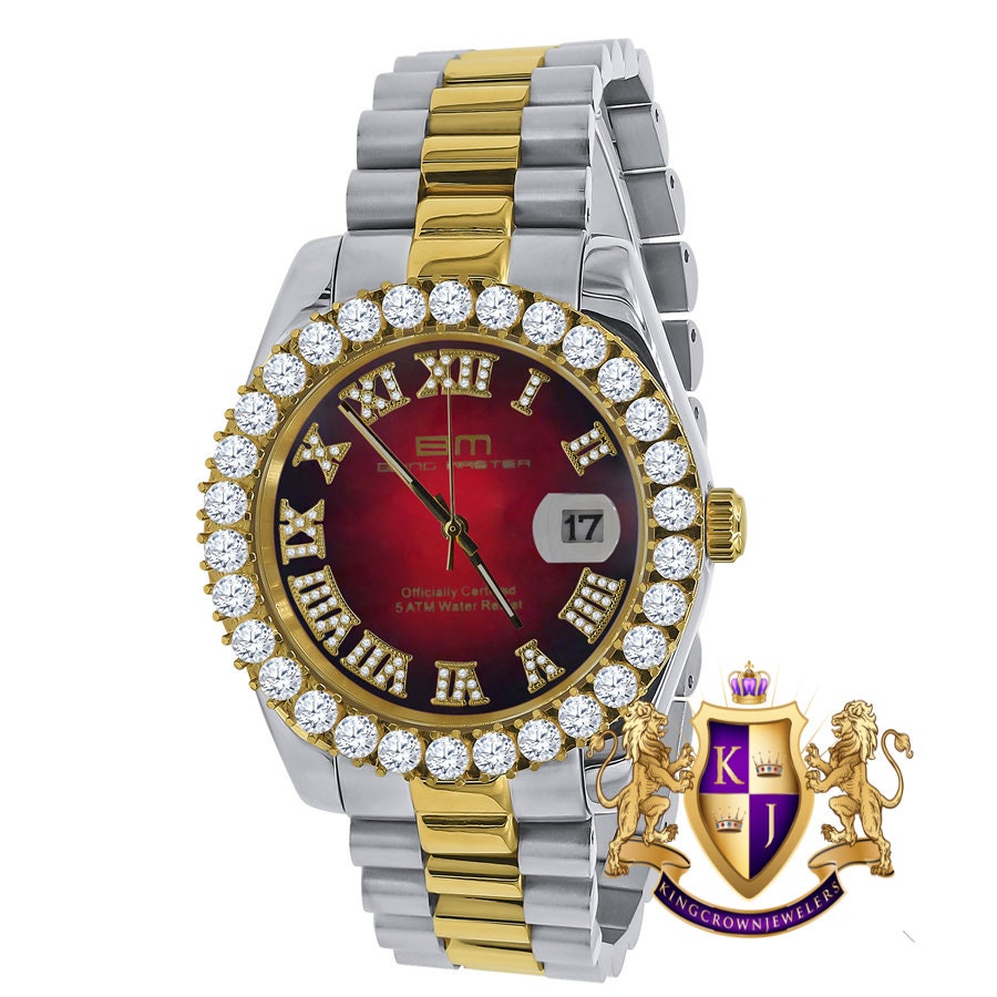 Full Solid Stainless Steel Roman Numeral Face Ruby Red Dial 18K 2 Tone Gold Finish Simulated Diamond 5 ATM Water Resistant Watch W/Date 42mm