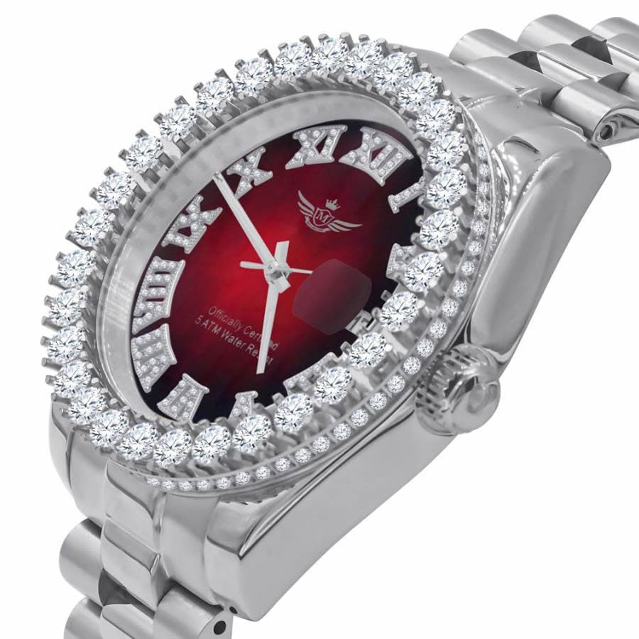 Full Solid Stainless Steel Roman Numeral Face Ruby Red Dial 18K White Gold Finish Simulated Diamond 5 ATM Water Resistant Watch W/Date 42mm