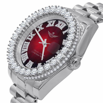 Full Solid Stainless Steel Roman Numeral Face Ruby Red Dial 18K White Gold Finish Simulated Diamond 5 ATM Water Resistant Watch W/Date 42mm