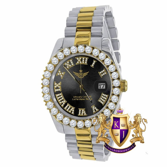 Solid Stainless Steel Roman Numeral Face Onyx Black Dial 18K 2 Tone Gold Finish Simulated Diamond 5 ATM Water Resistant Watch W/Date 42mm