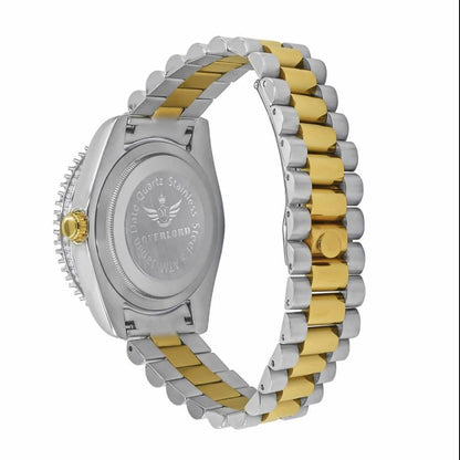 Solid Stainless Steel Roman Numeral Face Onyx Black Dial 18K 2 Tone Gold Finish Simulated Diamond 5 ATM Water Resistant Watch W/Date 42mm