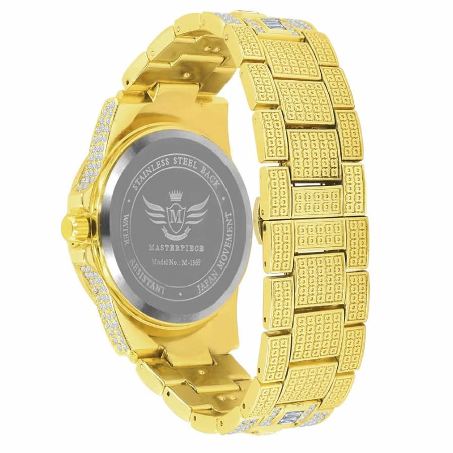 Men's Fully Iced 18K Gold Tone Simulated Diamond Solid Steel Back 5 ATM Water Resistant Celebrity Wear Luxury Watch 43mm W/Date Function